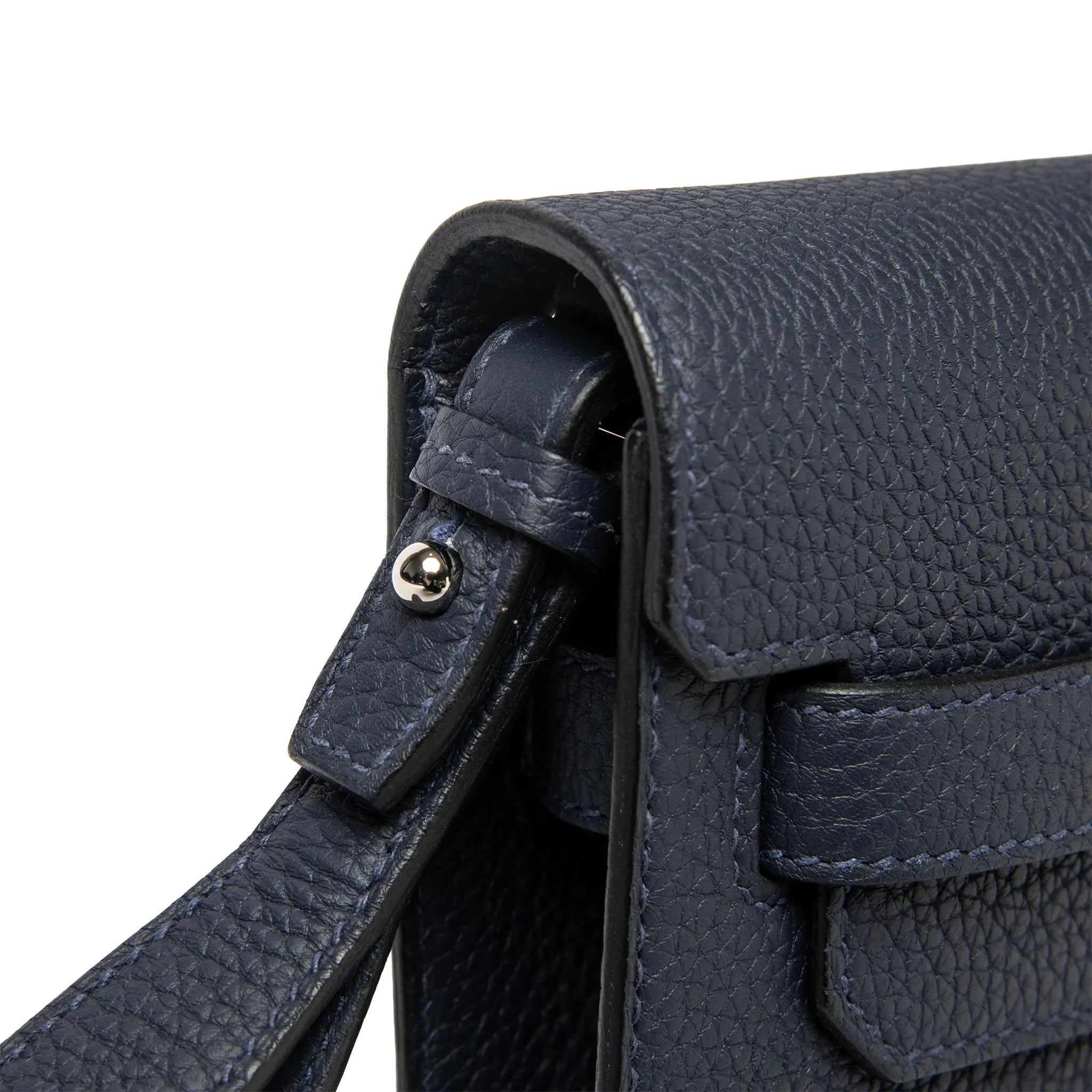 Detailed Side View of Hermes Kelly Depeches 25 Togo Calfskin Blue Nuit Palladium Hardware